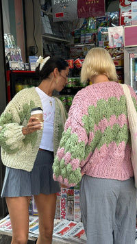 Women’s Chunky Knit Cardigan | Pink and Green Pattern | Balloon Sleeves | Cropped Autumn Layer