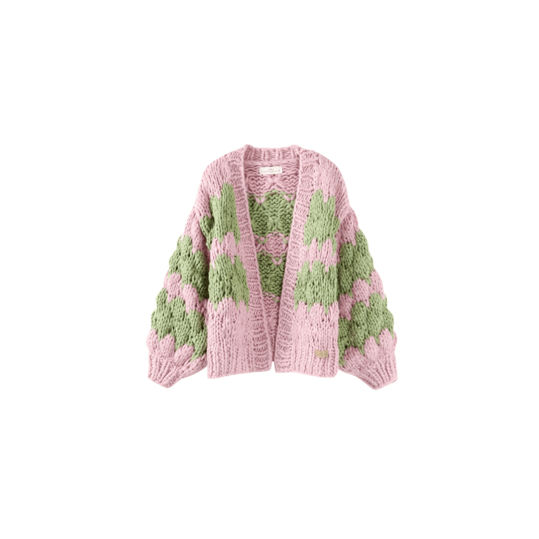 Women’s Chunky Knit Cardigan | Pink and Green Pattern | Balloon Sleeves | Cropped Autumn Layer