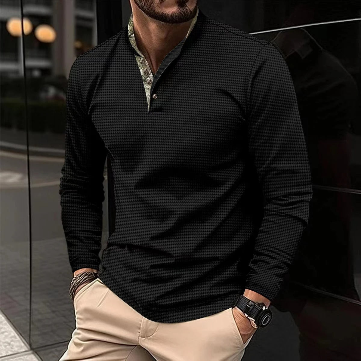 Men’s Long Sleeve Polo Shirt | Half-Button Placket | Smart Casual Style | Lightweight Layer