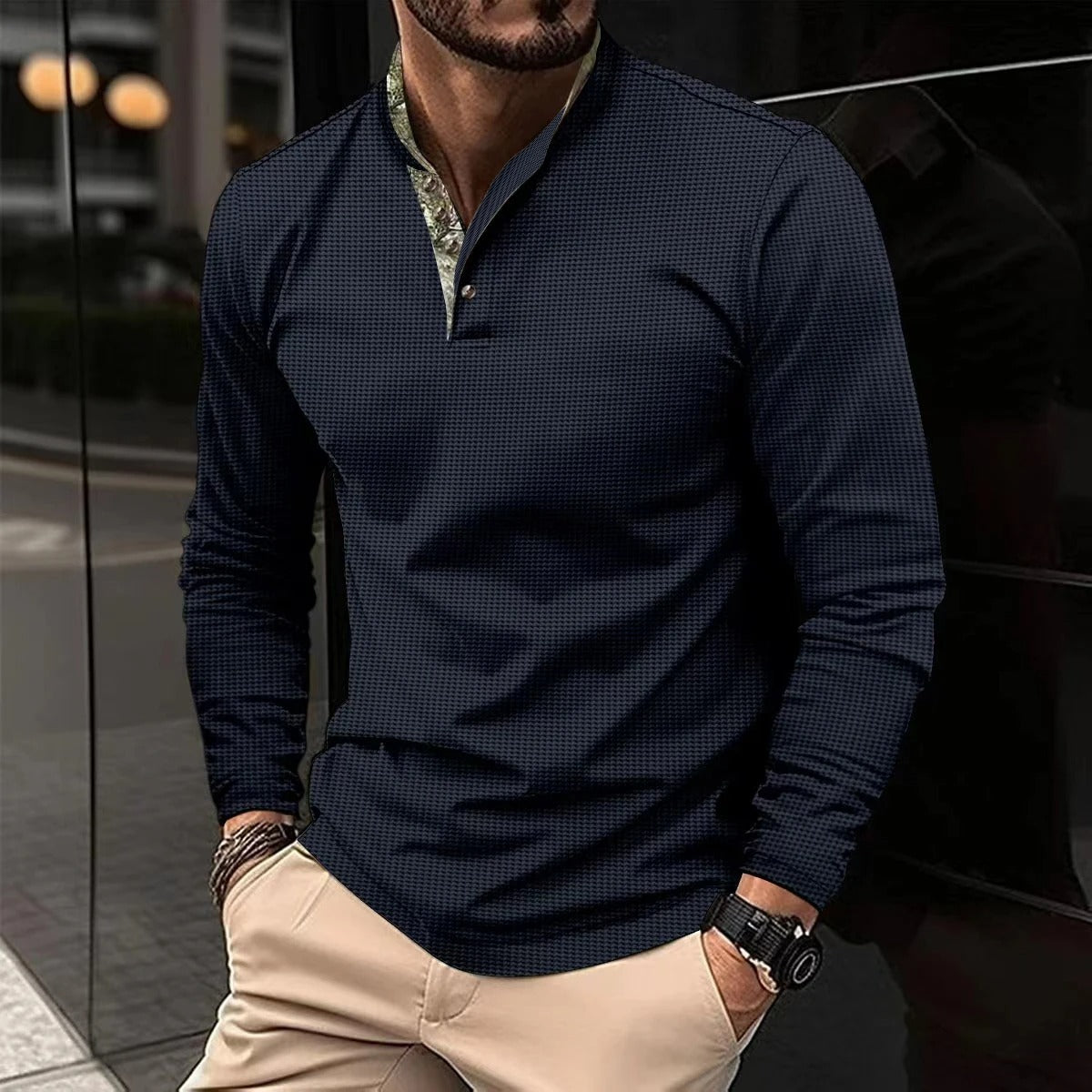 Men’s Long Sleeve Polo Shirt | Half-Button Placket | Smart Casual Style | Lightweight Layer