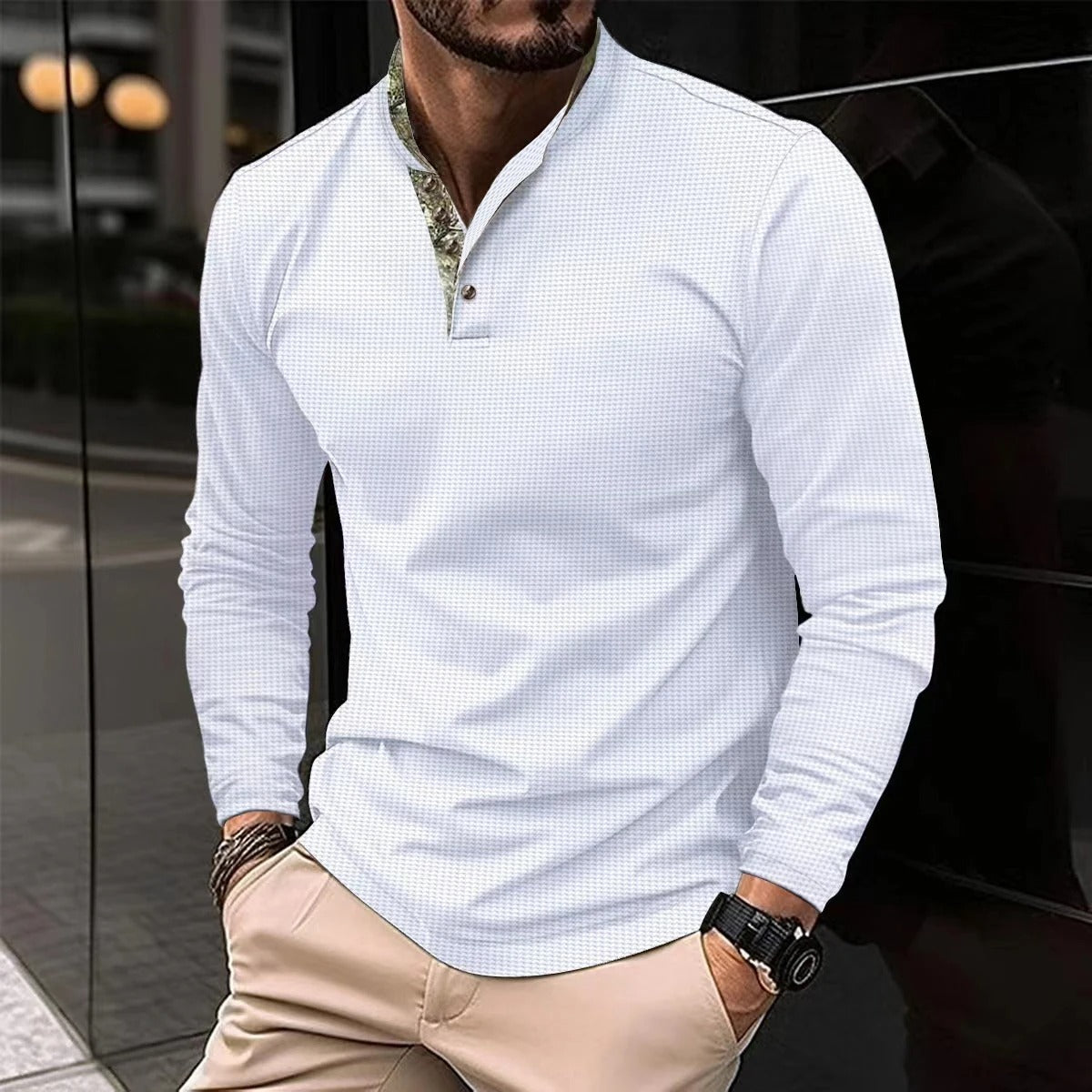 Men’s Long Sleeve Polo Shirt | Half-Button Placket | Smart Casual Style | Lightweight Layer