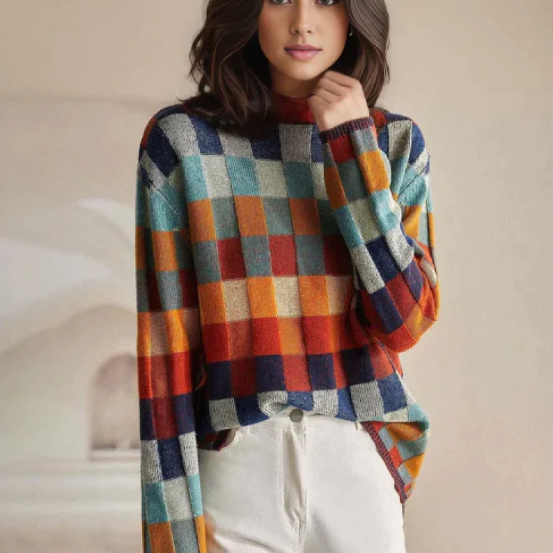 Women’s Turtleneck Jumper in Patchwork Knit Design | Warm Winter Roll Neck Sweater